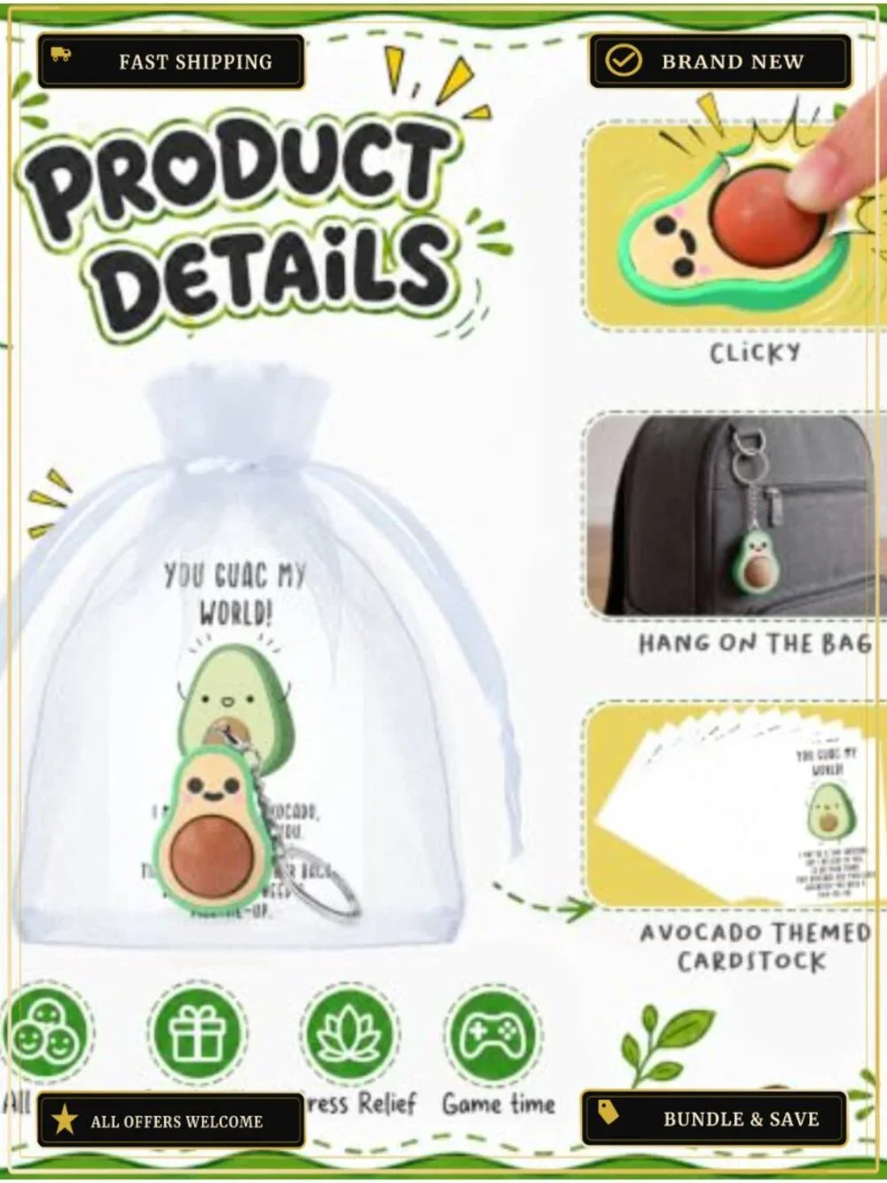 24 Pack Avocado Clicker Keychains Fidget Toy Stress Relief Party Favors PLA